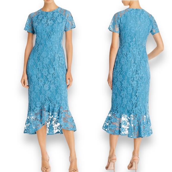 NANETTE LEPORE DRESS 16 BLUE LACE FLORAL SHORT SLEEVE FLOUNCE MIDI FAIRY CHIC - Picture 1 of 9